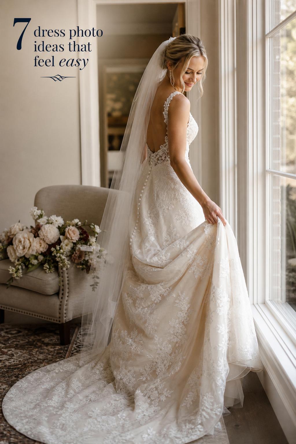 Bride in a sunlit bridal suite adjusting lace gown and veil by window, showcasing easy dress photo ideas