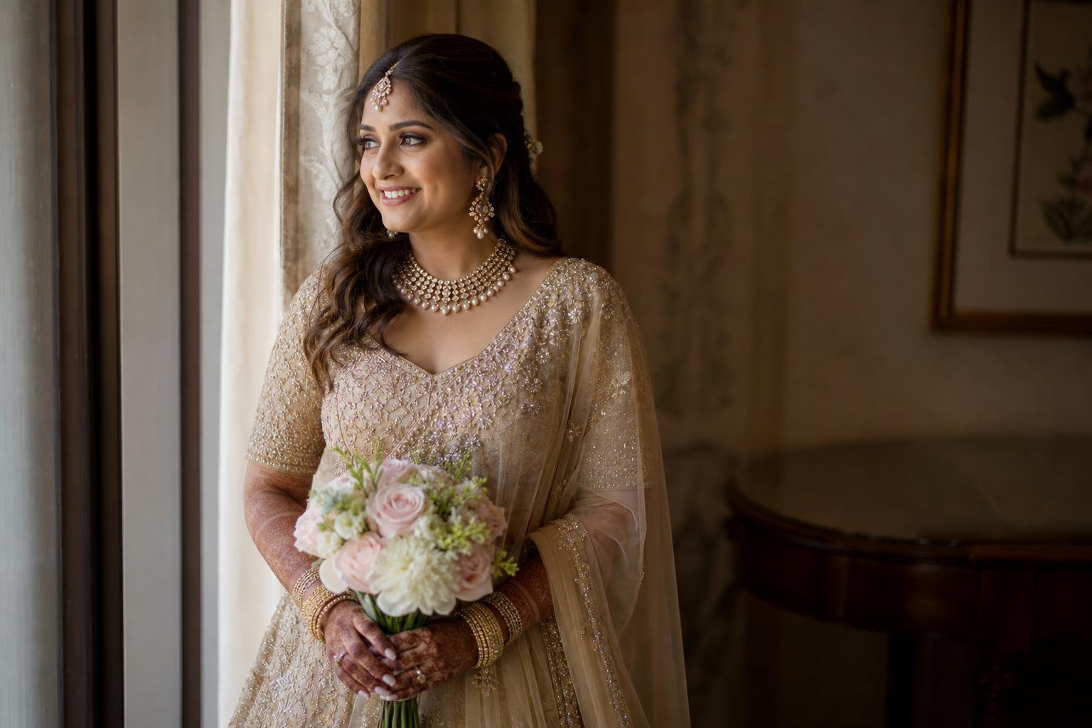 Bride-to-be posing by a window with bouquet, elegant editorial bride to be pics photo ideas in soft natural light