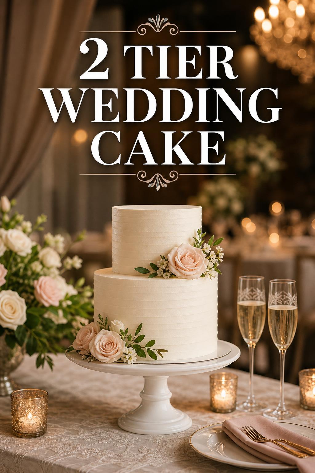 Elegant 2 tier wedding cake on a stand in a candlelit romantic reception with blush florals and fine linens