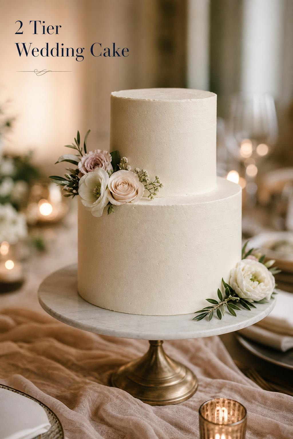 Elegant 2 tier wedding cake on a minimalist stand with delicate florals in a luxury editorial wedding setting