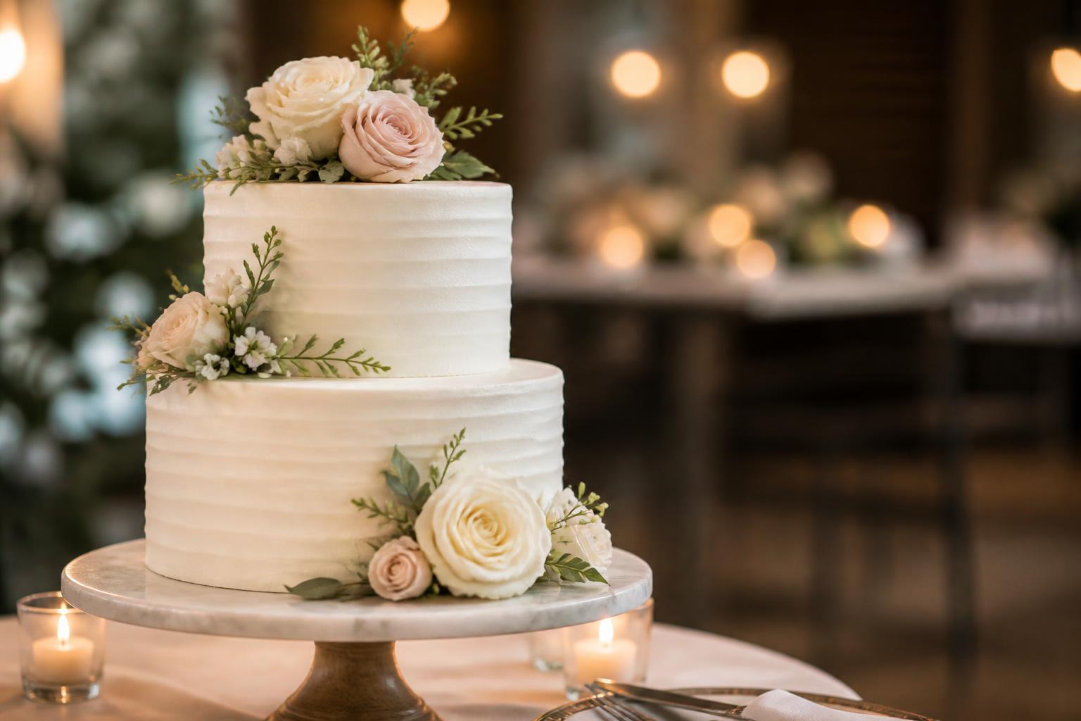 Elegant 2 tier wedding cake with smooth buttercream and fresh floral accents on a styled reception table