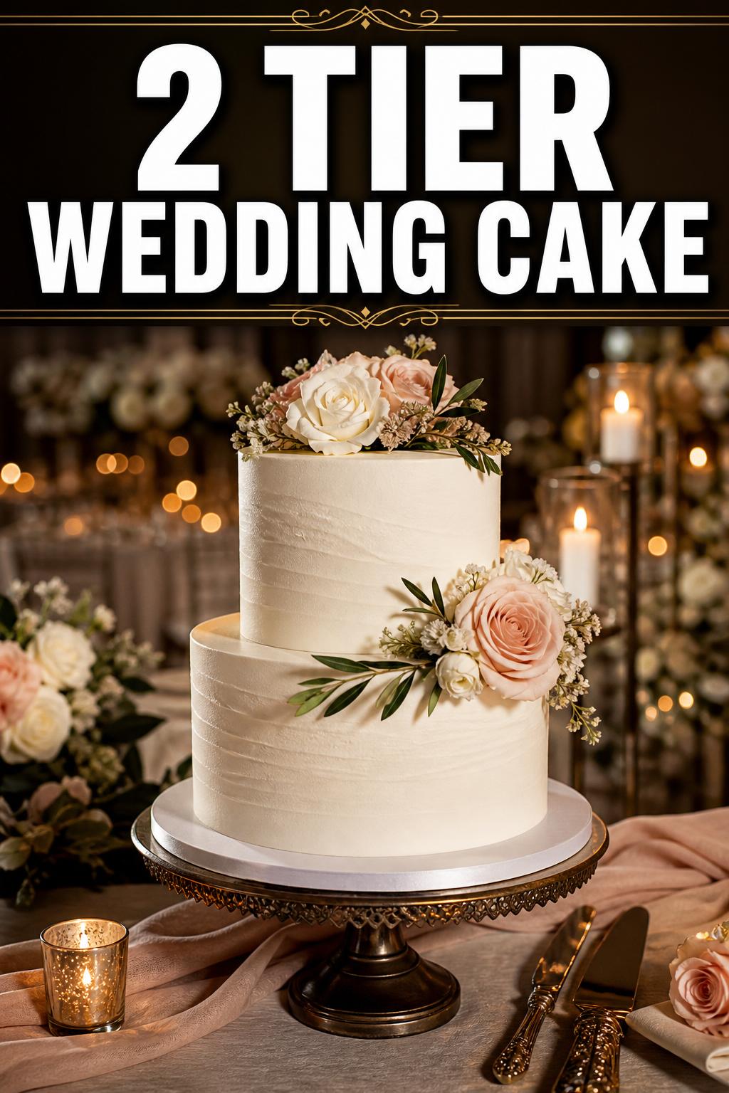 2 tier wedding cake with elegant white icing and floral details on a reception table