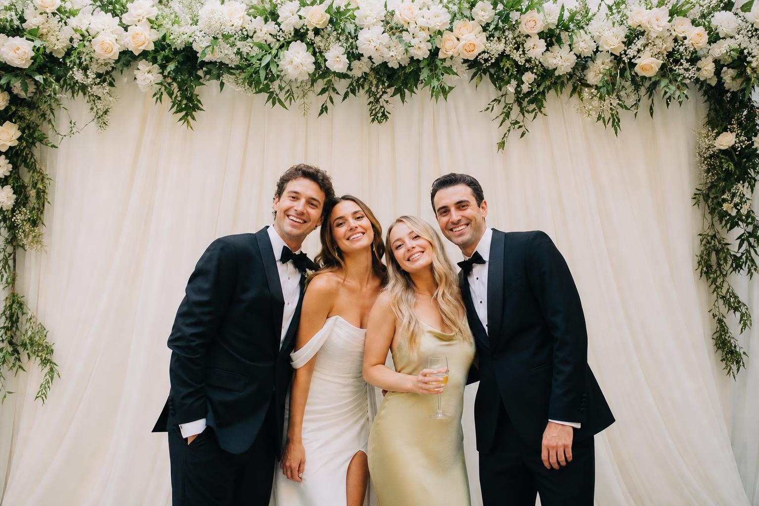 Elegant wedding photo booth backdrop with soft draped fabric and romantic neutral tones at a reception