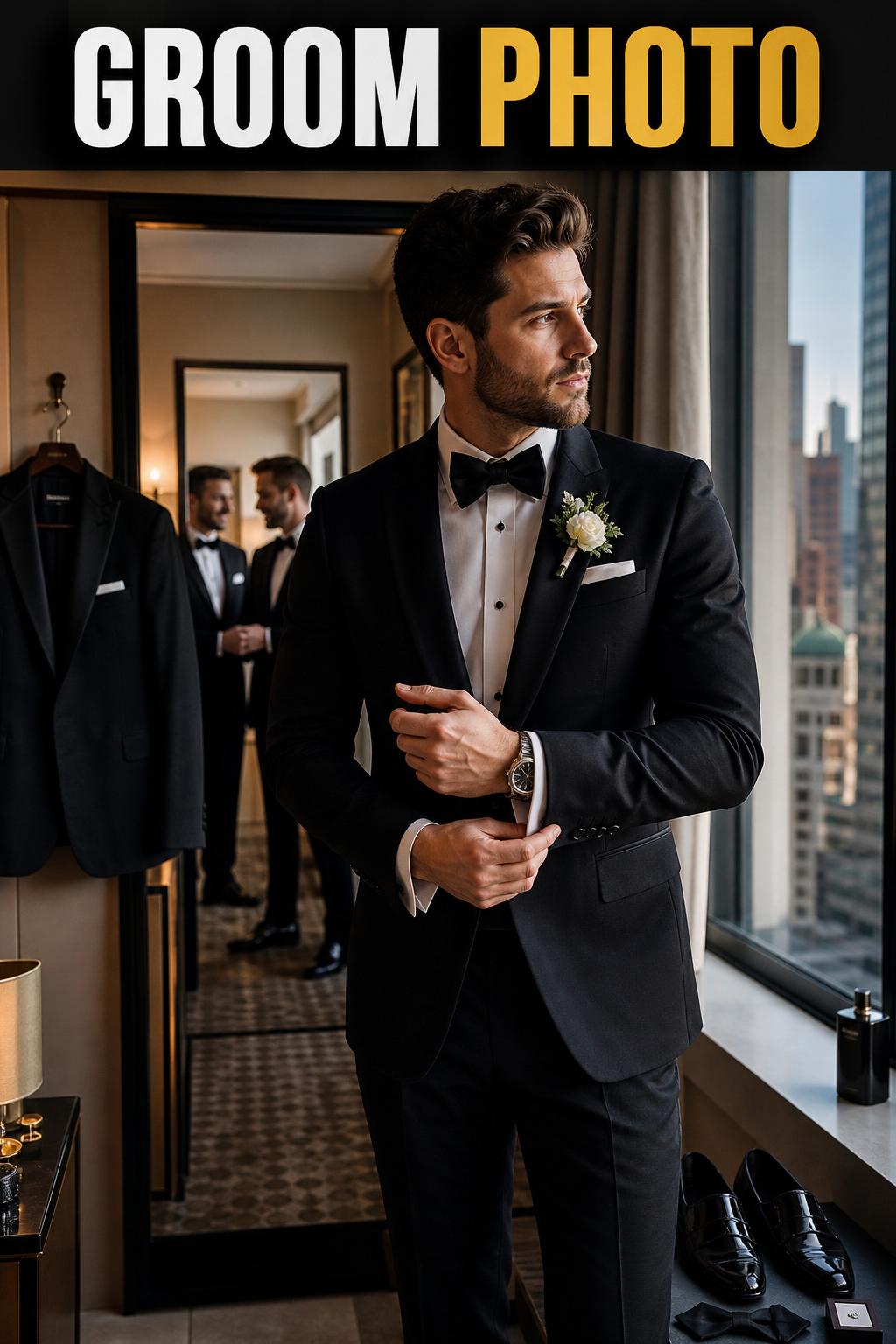 Elegant groom photo in a tailored suit, standing confidently in natural light