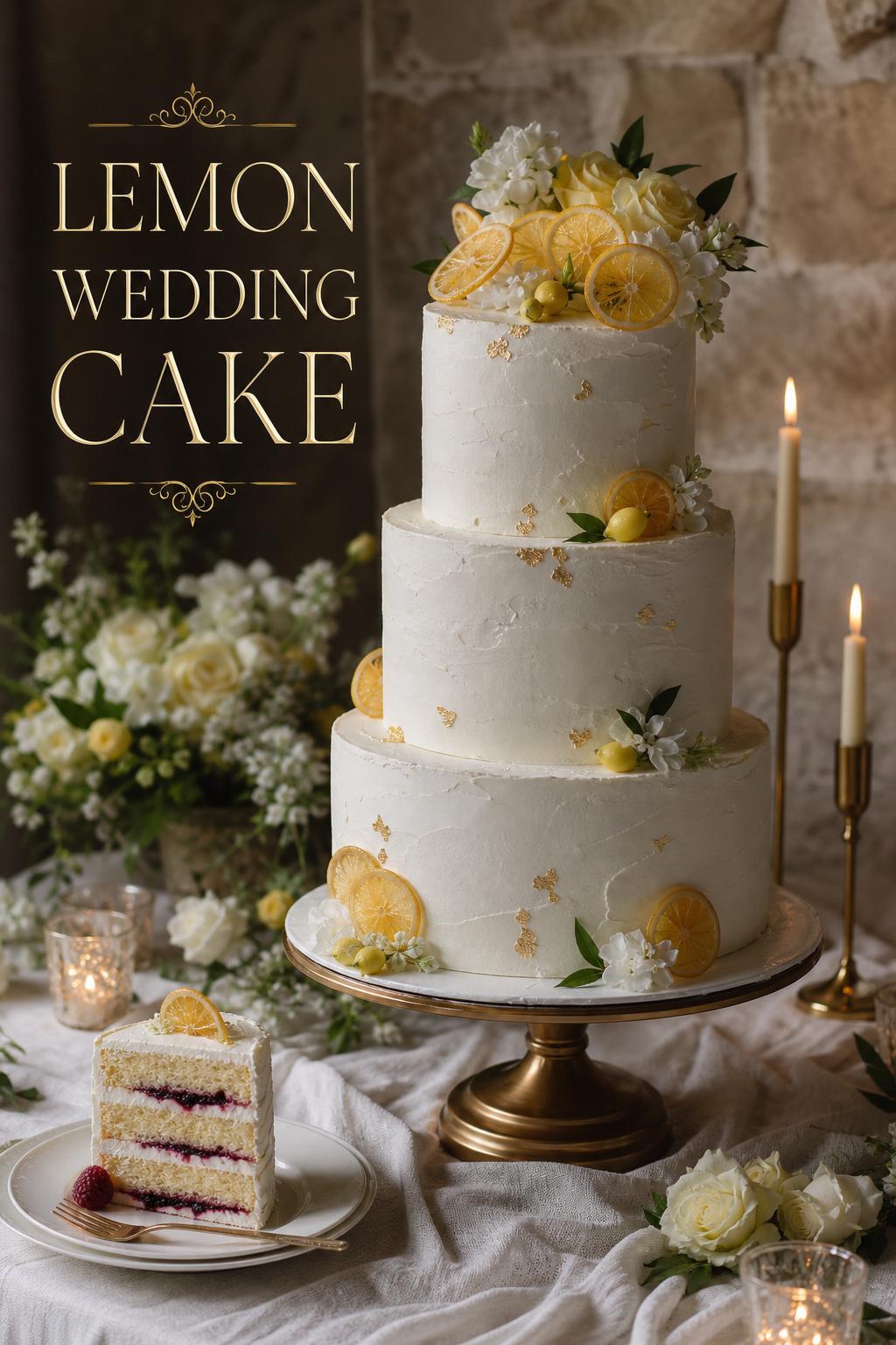 Elegant lemon wedding cake display with buttercream tiers, candied lemon slices, florals, and a berry-filled slice at reception