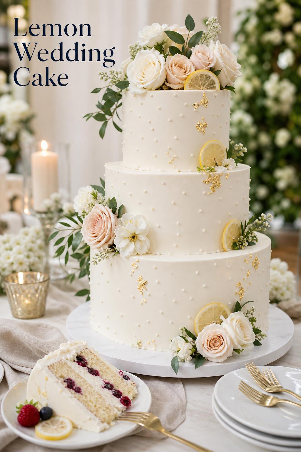 Lemon wedding cake with white buttercream tiers, fresh florals, and a sliced berry-filled piece on a minimalist reception table.