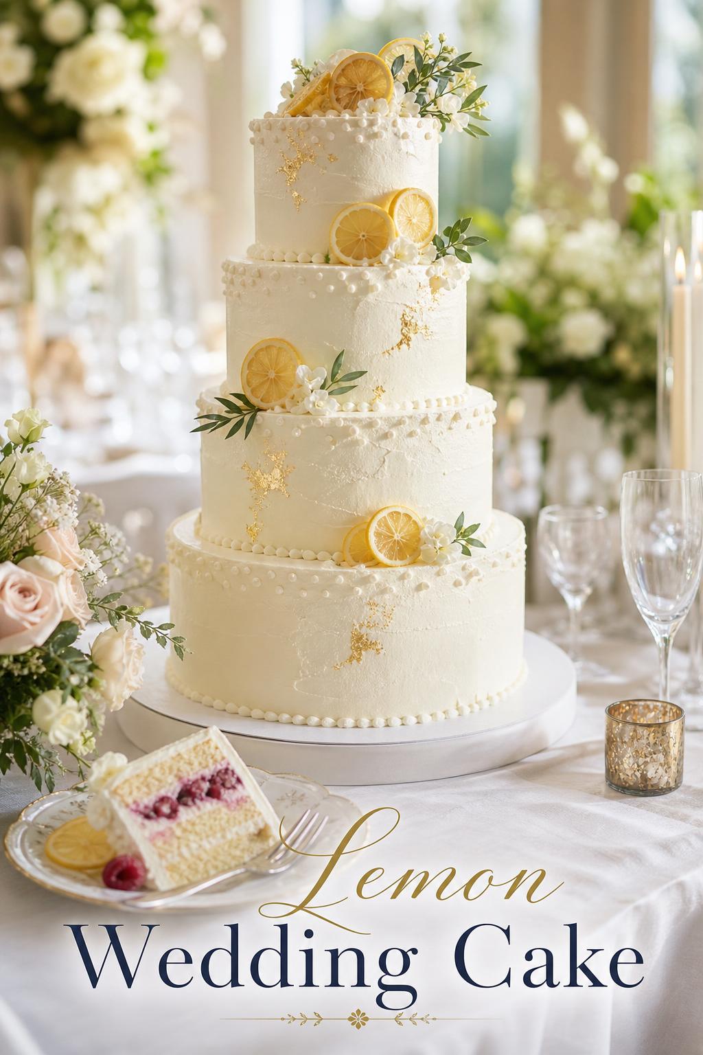 Lemon wedding cake with white buttercream tiers, candied lemon slices, white florals, and a lemon-raspberry slice at reception