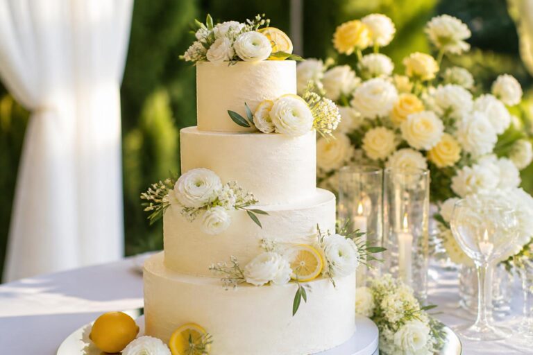Elegant three-tier lemon wedding cake with smooth white buttercream, delicate floral accents, and subtle gold leaf details