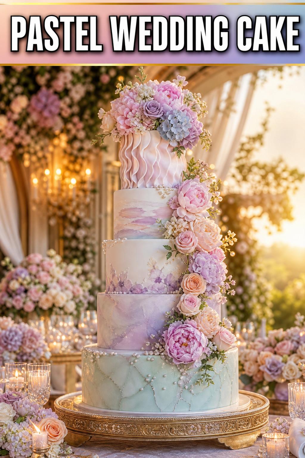 Elegant pastel wedding cake with soft floral icing details at a romantic reception
