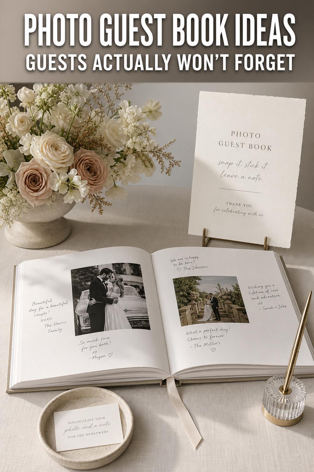 Elegant photo guest book open on a table with pen and handwritten messages at a wedding reception