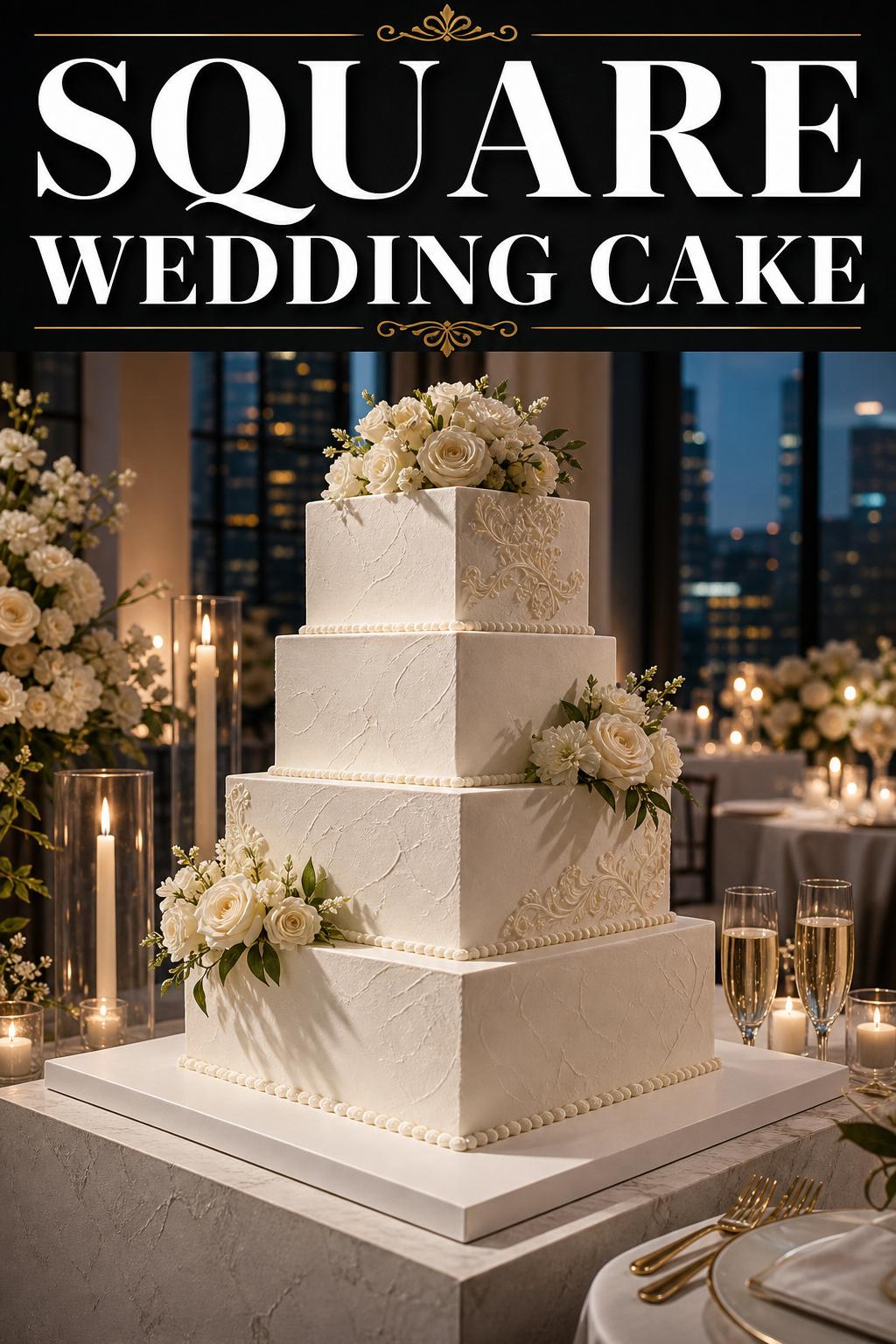 Square wedding cake with smooth white frosting and elegant floral details on a reception table