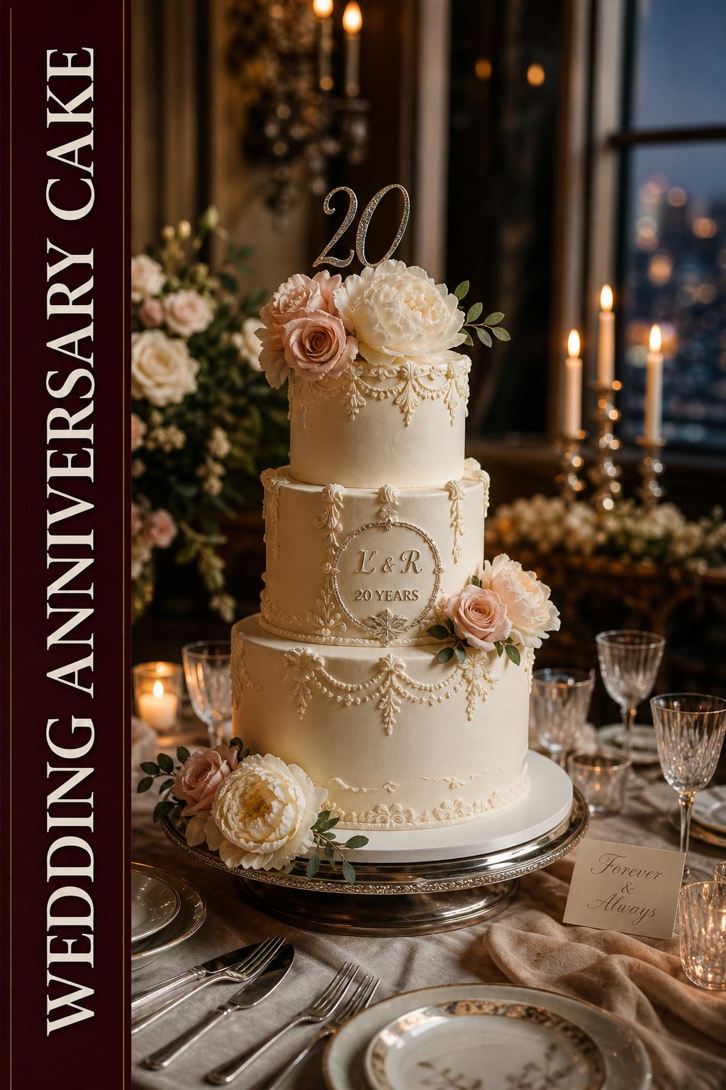 Elegant wedding anniversary cake with blush flowers on a candlelit dining table