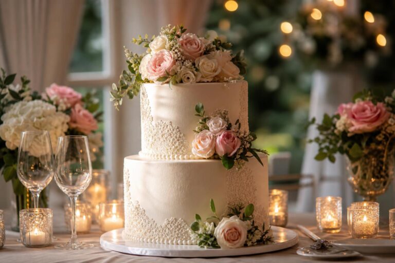 Elegant wedding anniversary cake with white tiers, soft florals, and gold accents at a timeless celebration