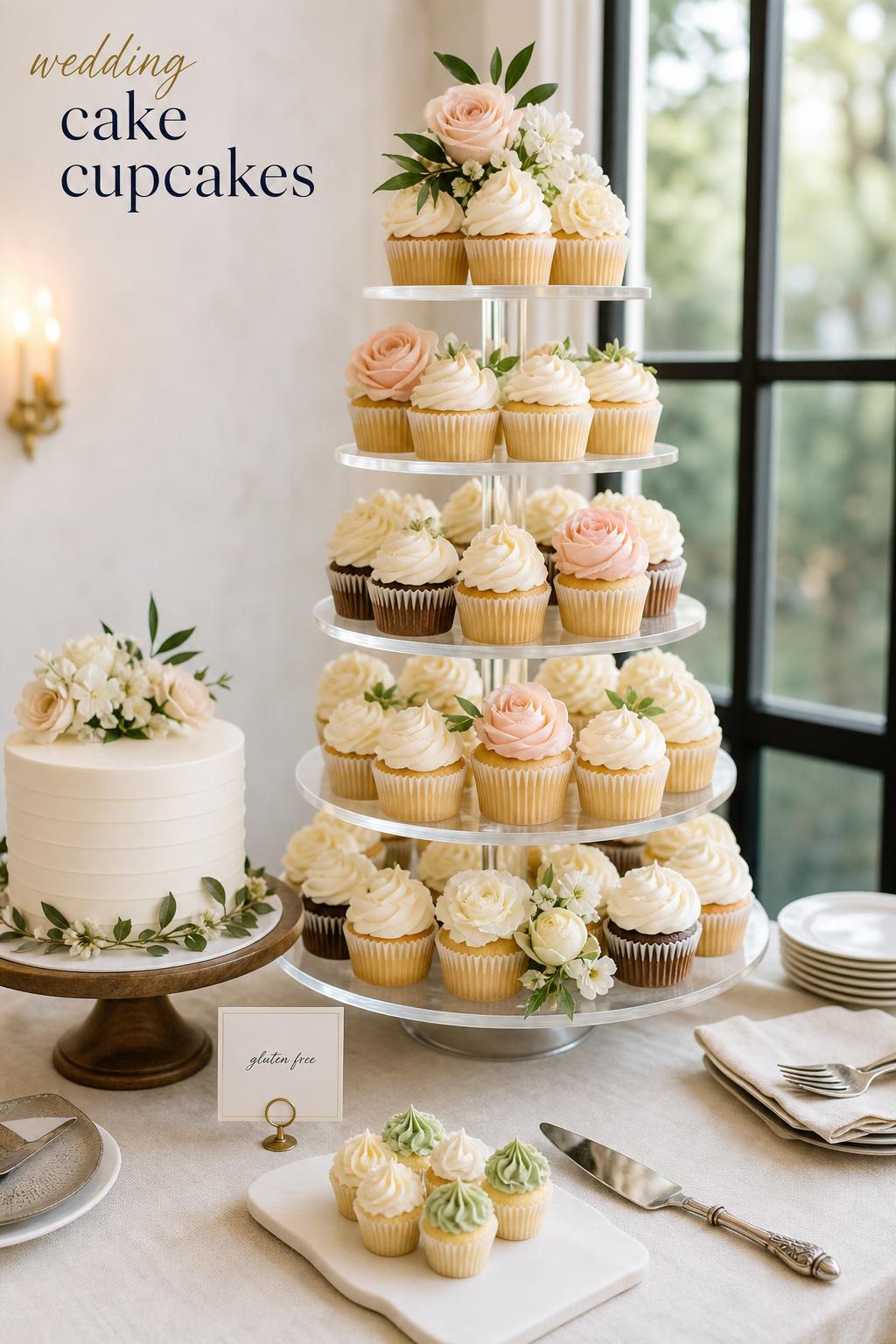 Elegant wedding cake cupcakes tower with blush and ivory buttercream, sage accents, florals, and a small cutting cake