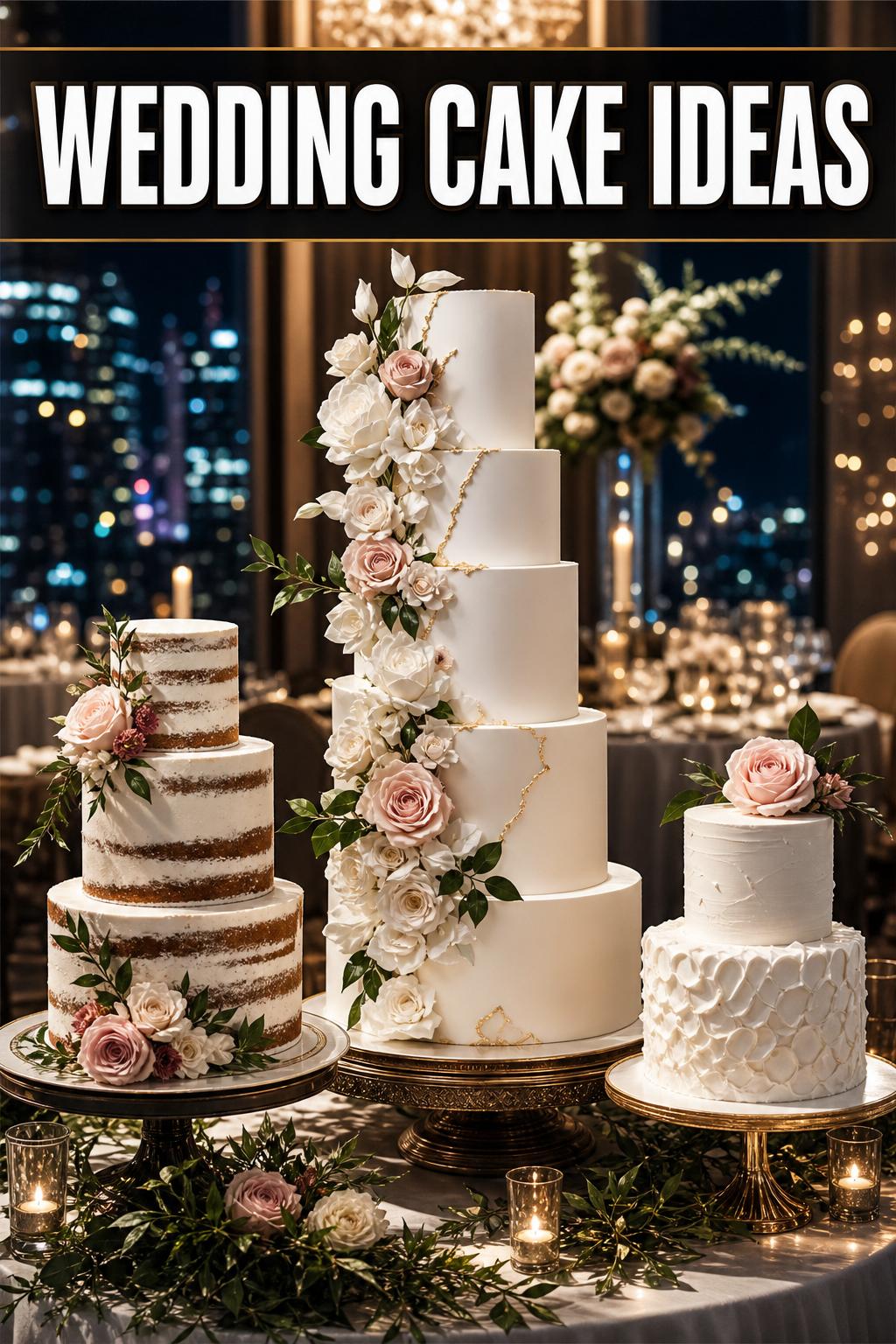 Elegant wedding cake ideas featuring a three-tier white cake with fresh flowers on a rustic wooden table