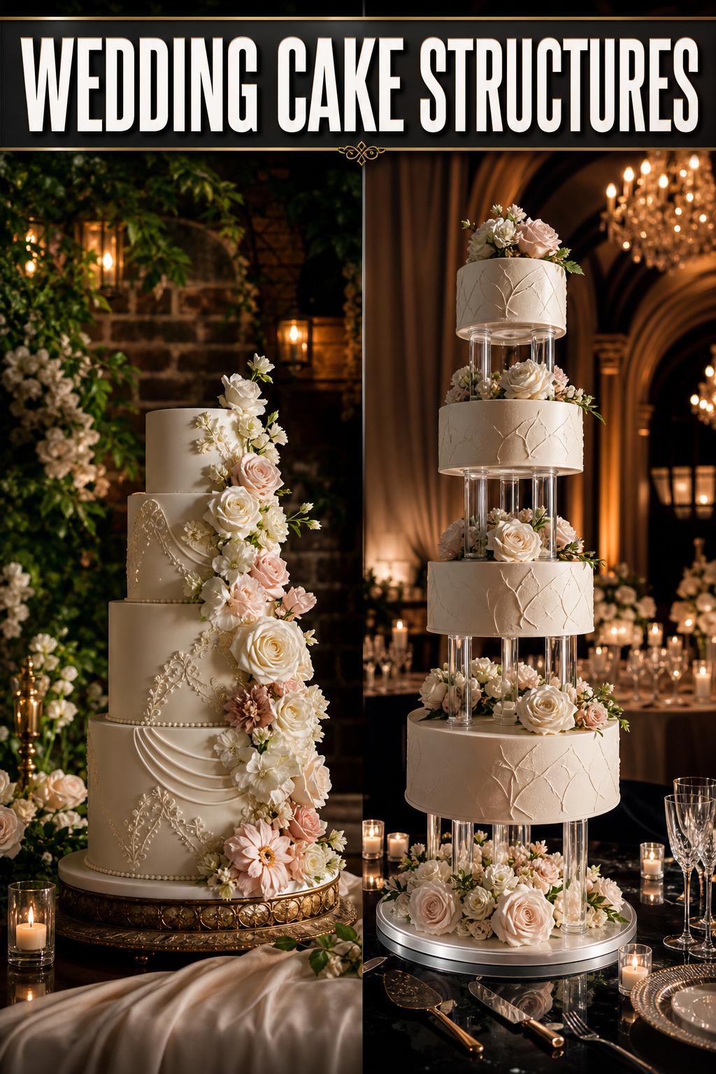 Elegant wedding cake structures with tiered design and floral details at a reception table