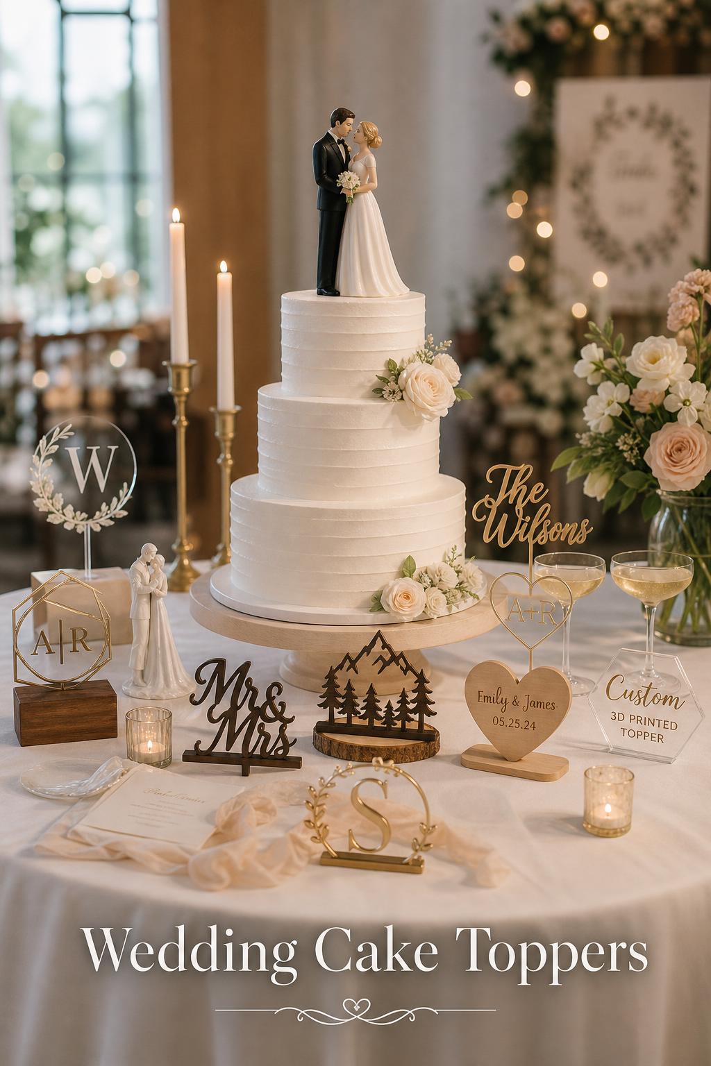 Elegant wedding cake toppers on a white three-tier wedding cake table with florals and refined reception decor