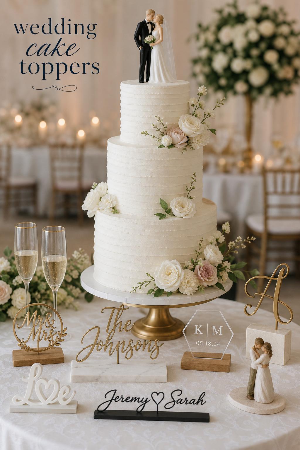 Elegant wedding cake toppers on a white tiered wedding cake with floral accents on a romantic reception table