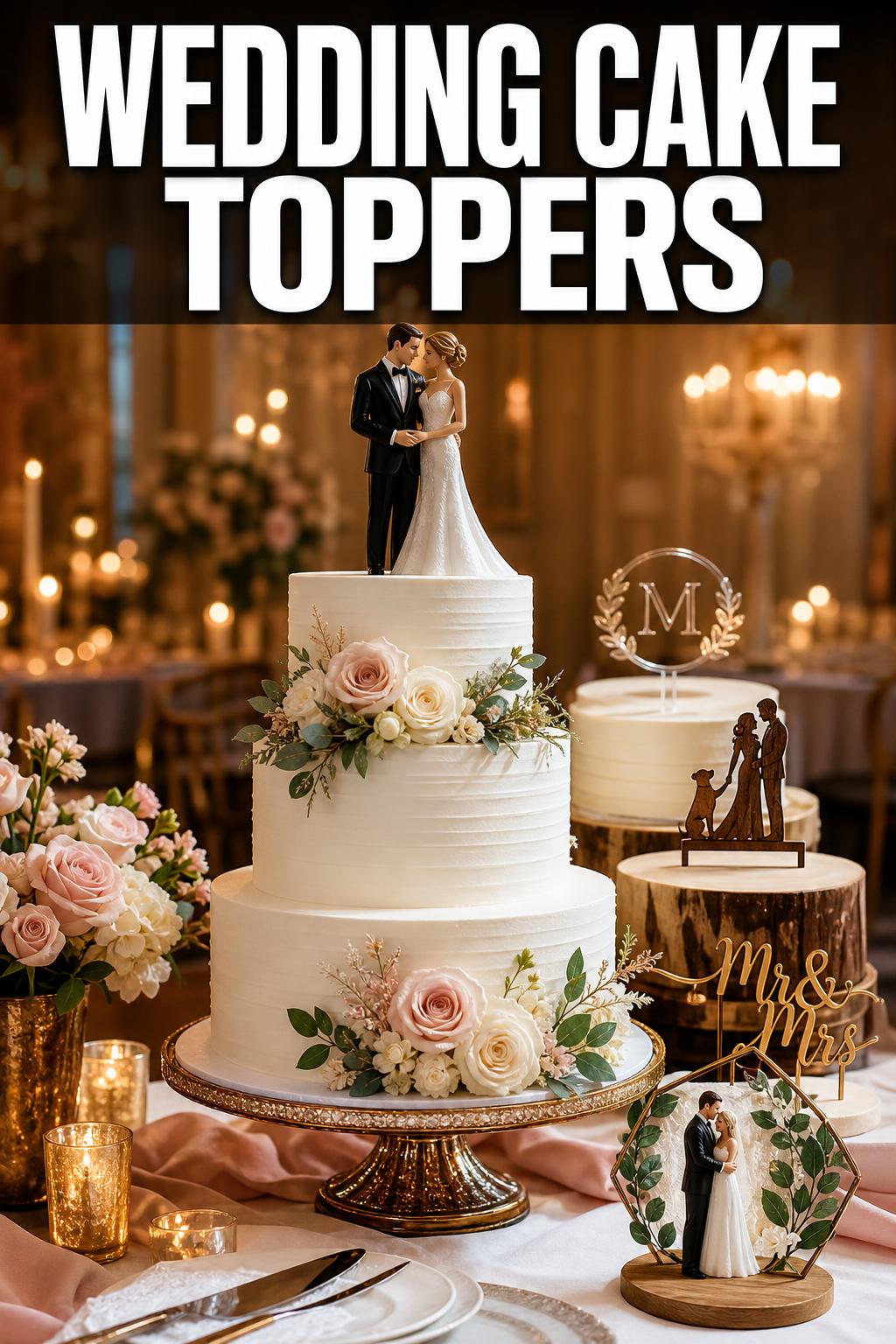 Elegant wedding cake toppers on a white frosted cake at a romantic reception