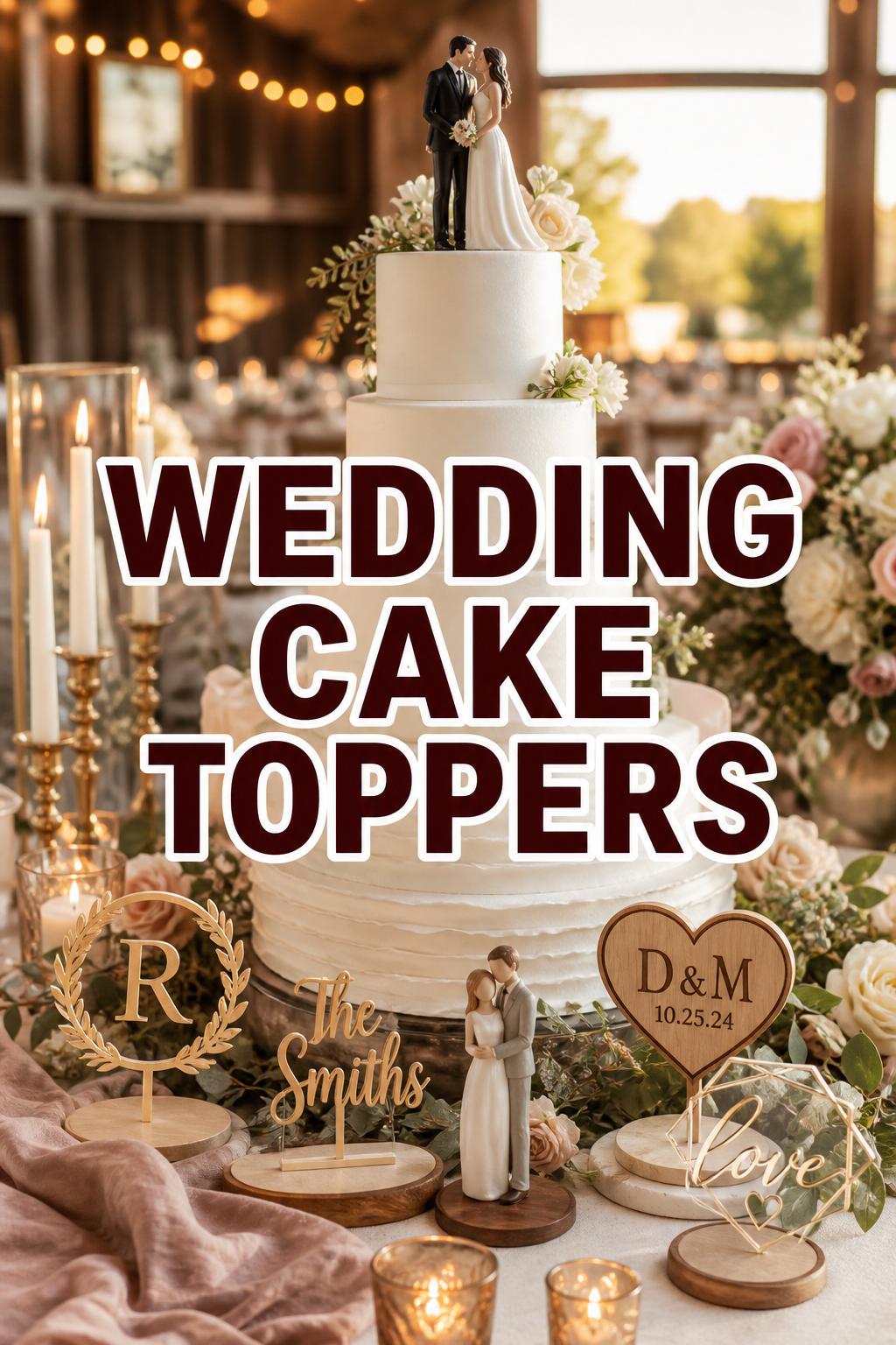 Elegant wedding cake toppers on a white tiered wedding cake table with florals and candles at golden hour