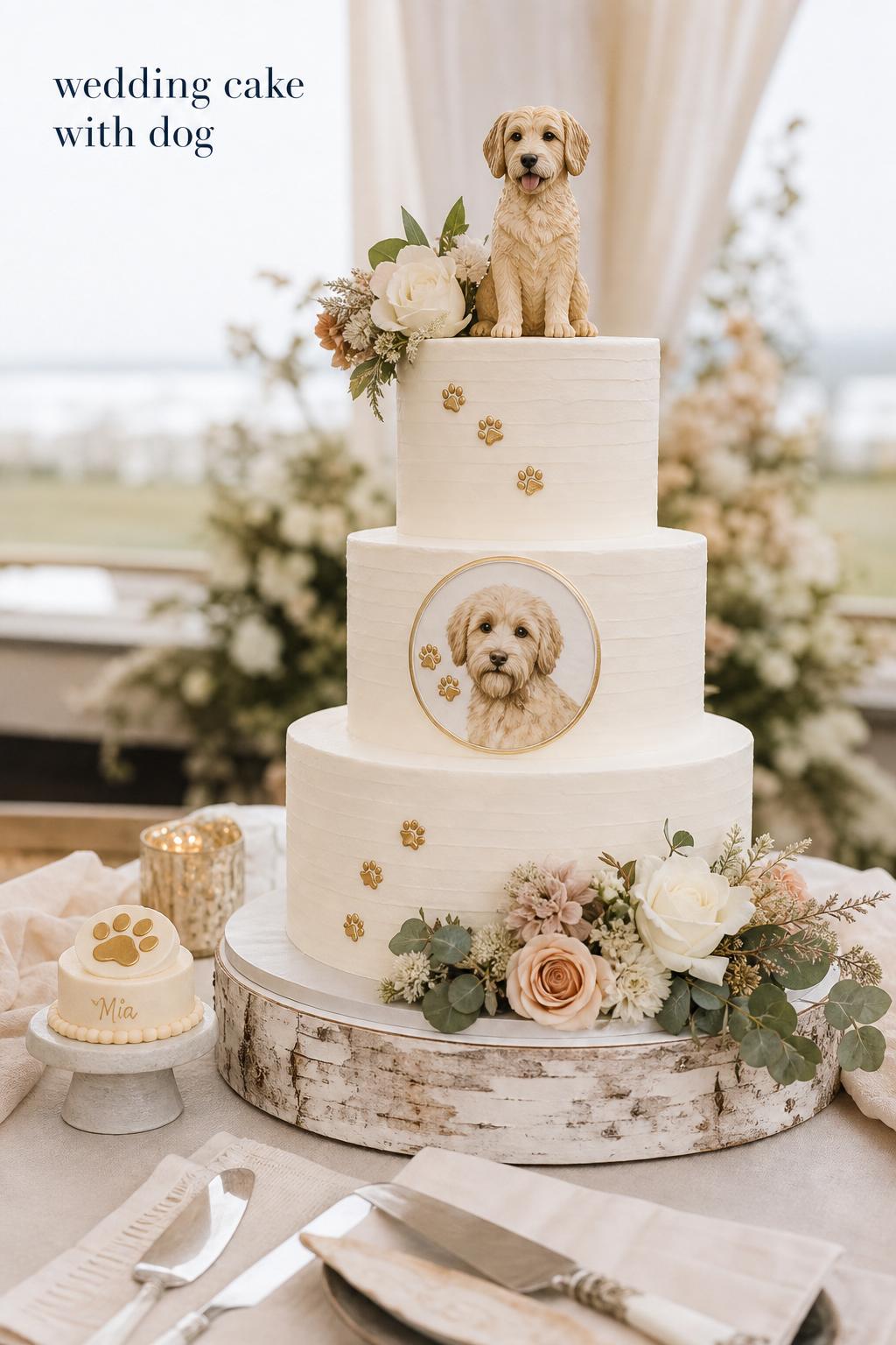 Elegant wedding cake with dog details, ivory buttercream tiers with a dog portrait topper and soft neutral florals