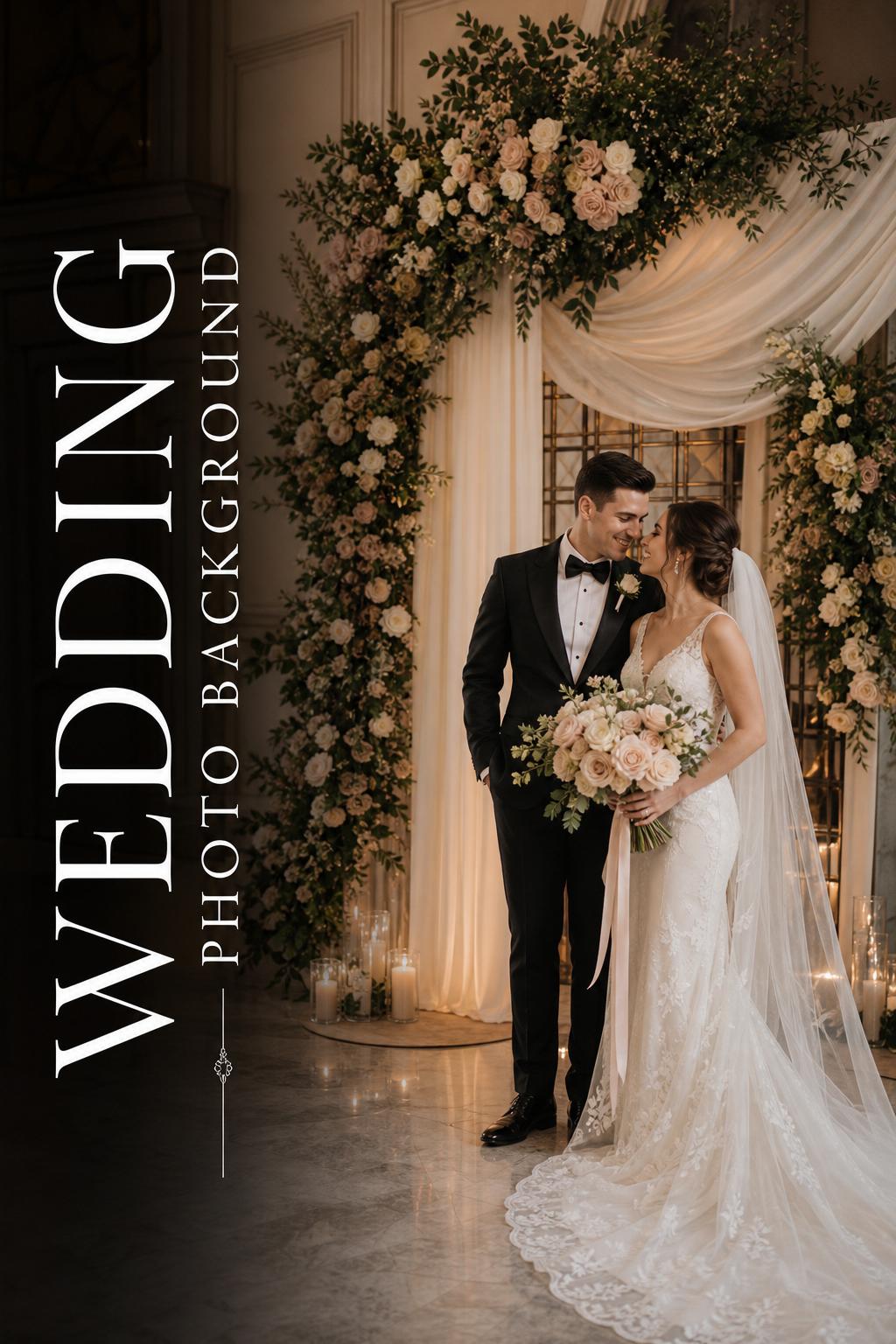 Romantic couple by floral arch and draped wedding photo background in an elegant ballroom garden setting