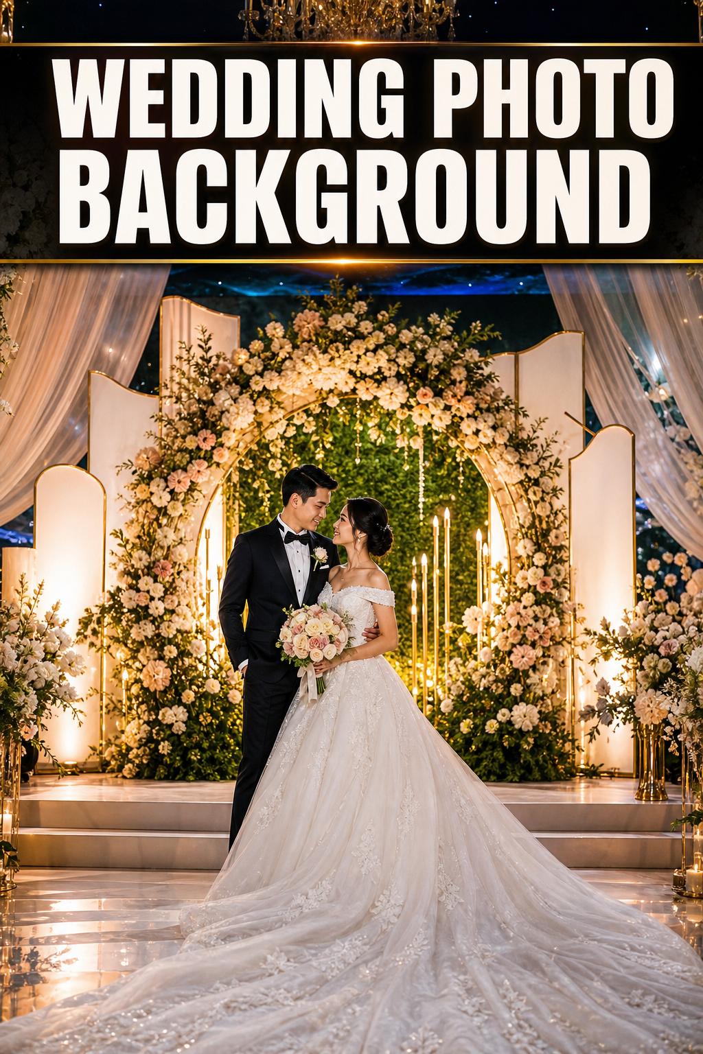 Elegant wedding photo background with soft floral details and warm natural light