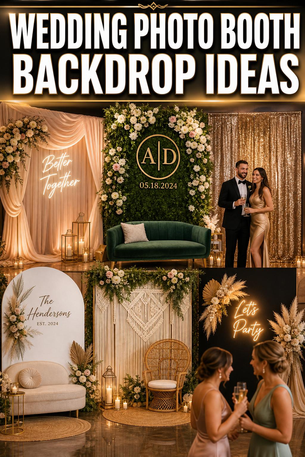 Elegant wedding photo booth backdrop with soft florals and warm lights for reception portraits