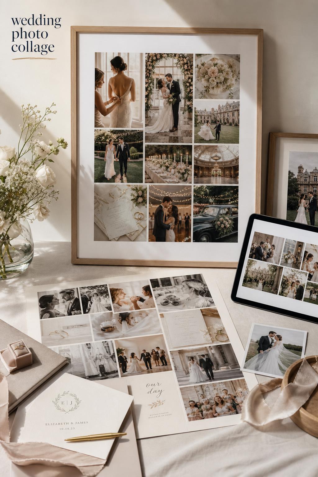 Elegant wedding photo collage displayed on a minimalist tabletop with framed prints, photo tiles, and warm editorial light