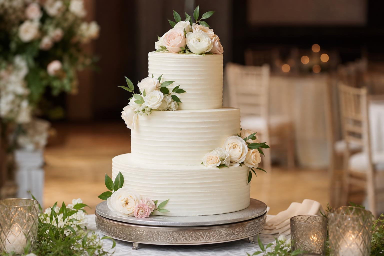 Elegant three-tier white buttercream wedding cake with subtle textured frosting and fresh floral accents, wedding cake ideas