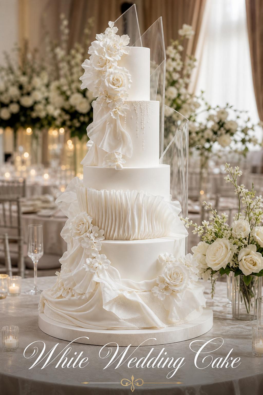 Elegant white wedding cake centerpiece with sculptural tiers, soft ruffles, and sugar flowers at a romantic reception