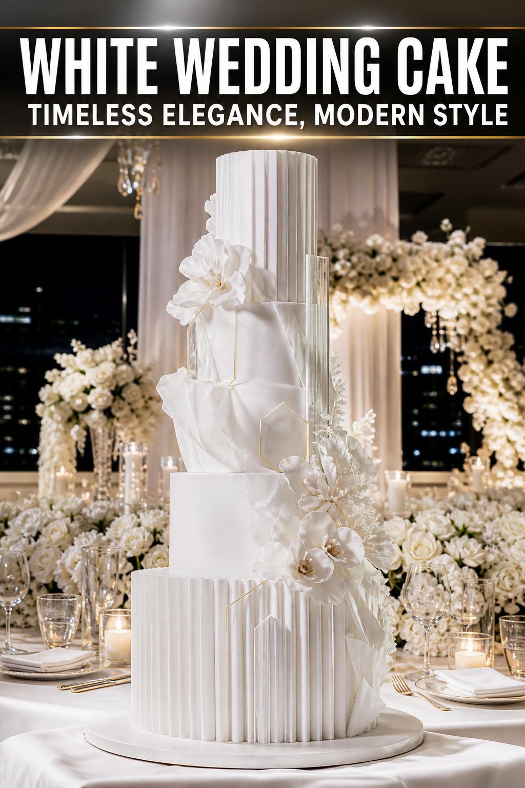 Elegant white wedding cake with smooth icing and floral details on a reception table