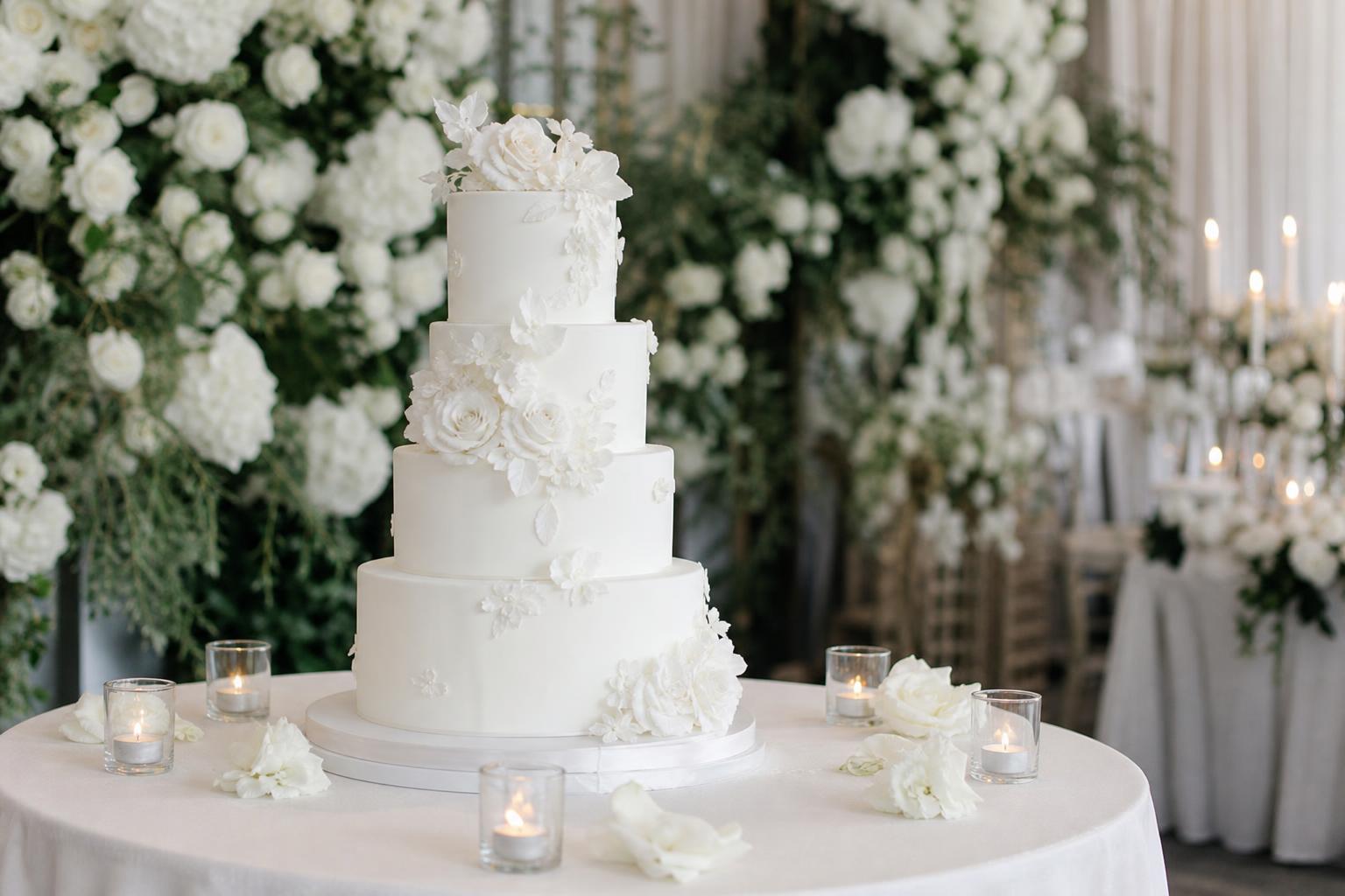 Elegant white wedding cake with smooth fondant tiers and subtle sugar flowers on a modern romantic reception table