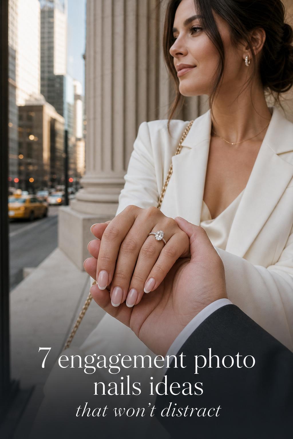 Engagement photo nails ideas with milky nude almond manicure and diamond ring on courthouse terrace close-up