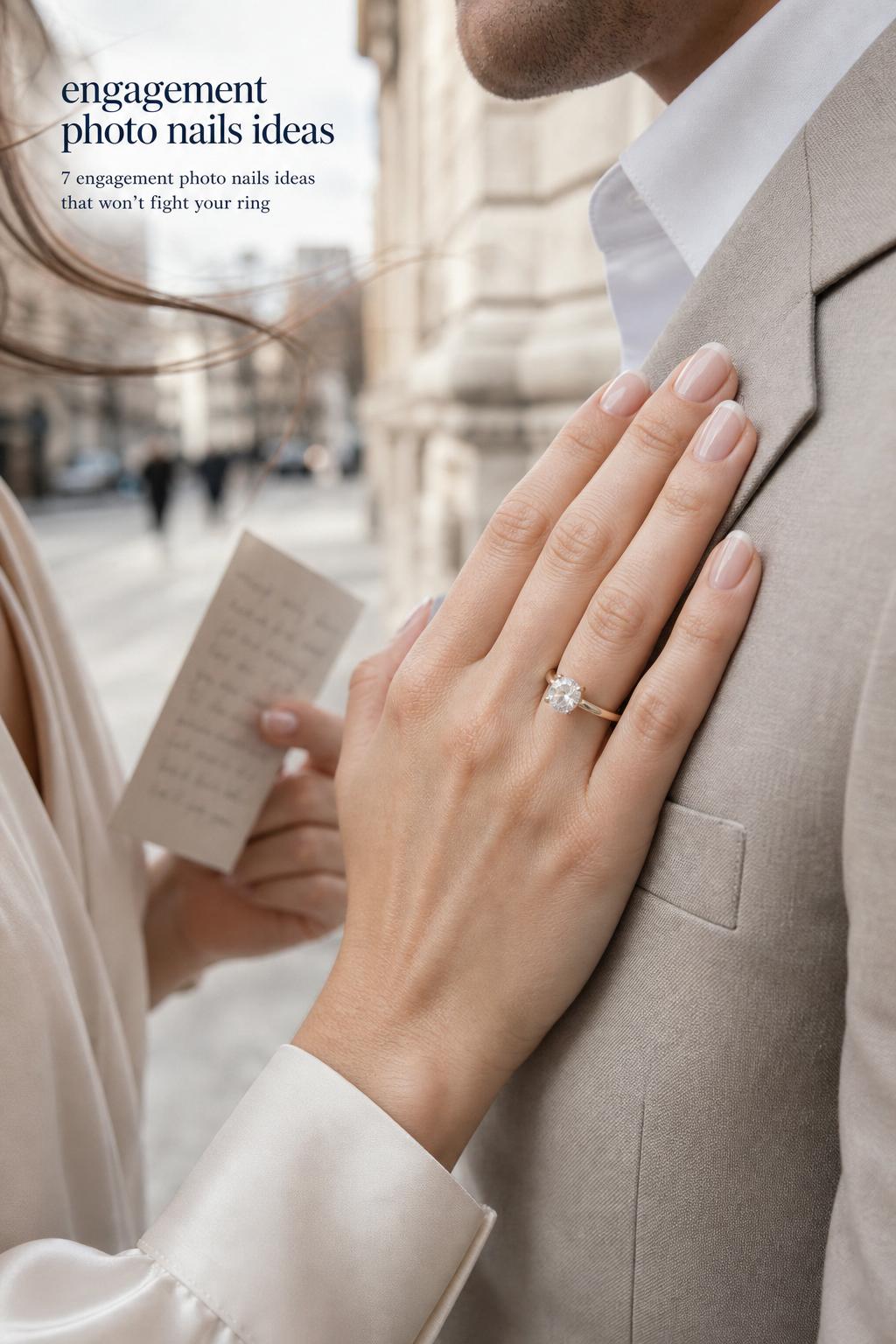 Engagement photo nails ideas with milky nude manicure and diamond ring close-up on lapel in soft city daylight