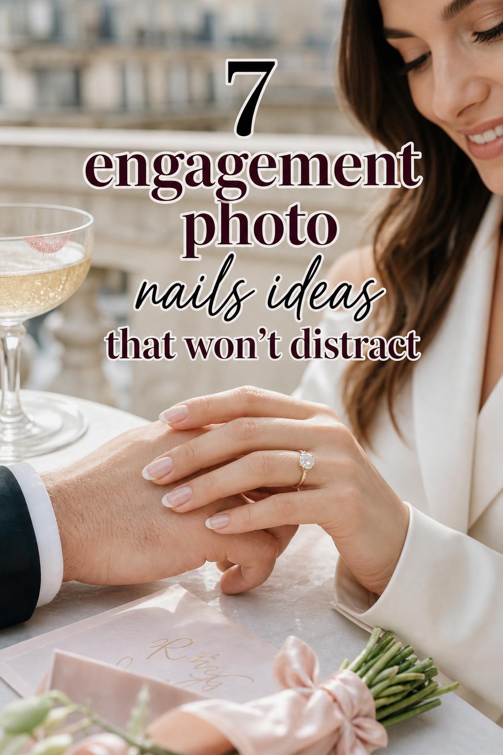 Engagement ring close-up with glossy milky nude manicure, modern bridal hands in soft daylight, engagement photo nails ideas