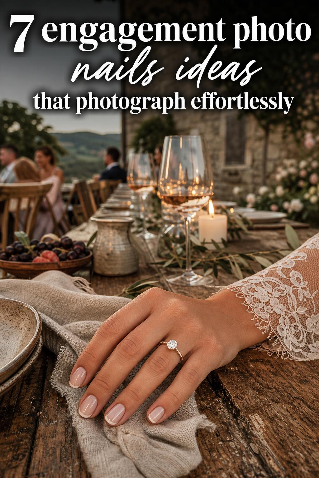 Engagement photo nails ideas with elegant neutral manicure and subtle sparkle, perfect for ring close-ups.