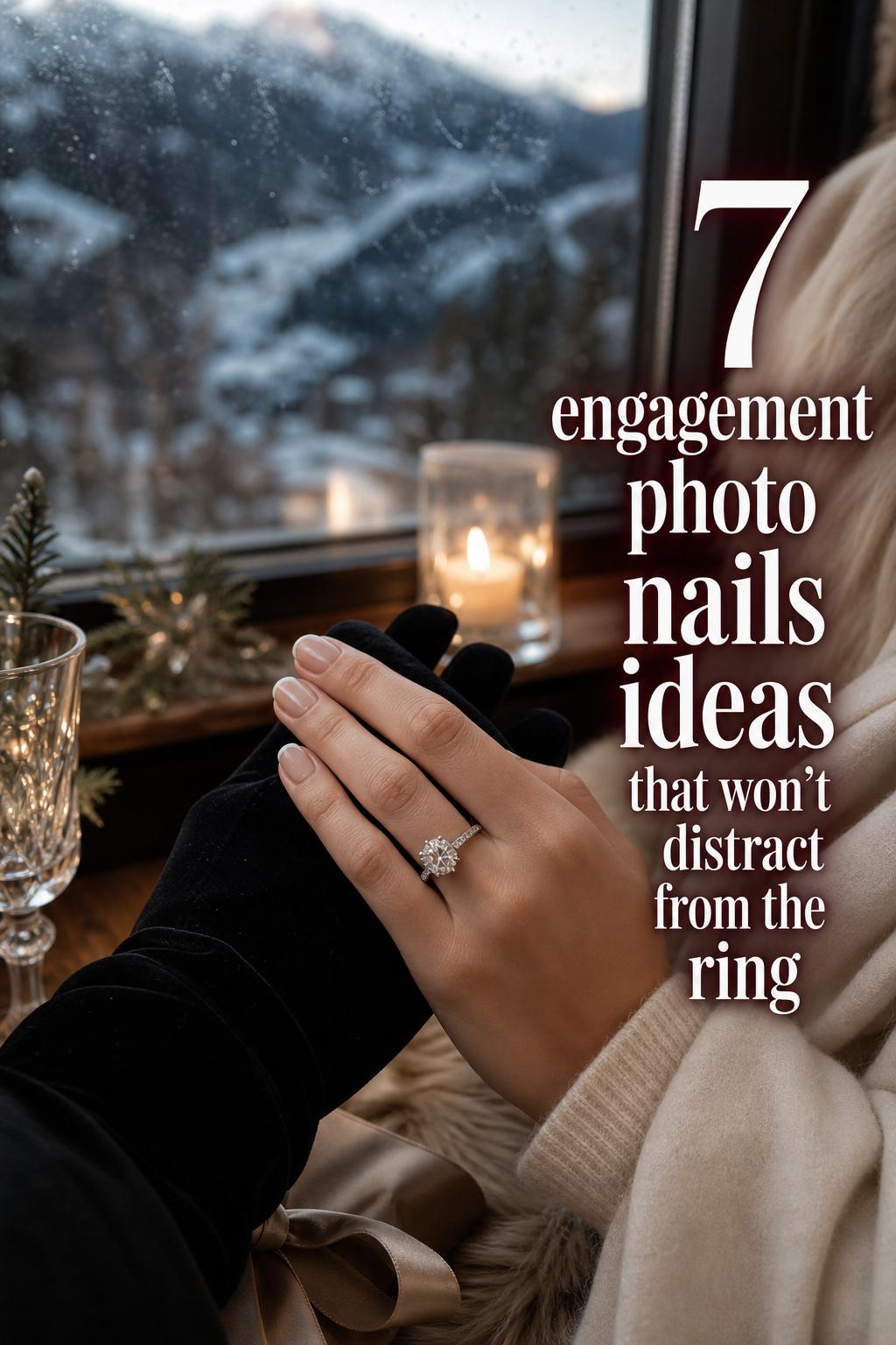 Engagement photo nails ideas: milky nude manicure with French tips and ring close-up in a cozy winter resort window nook