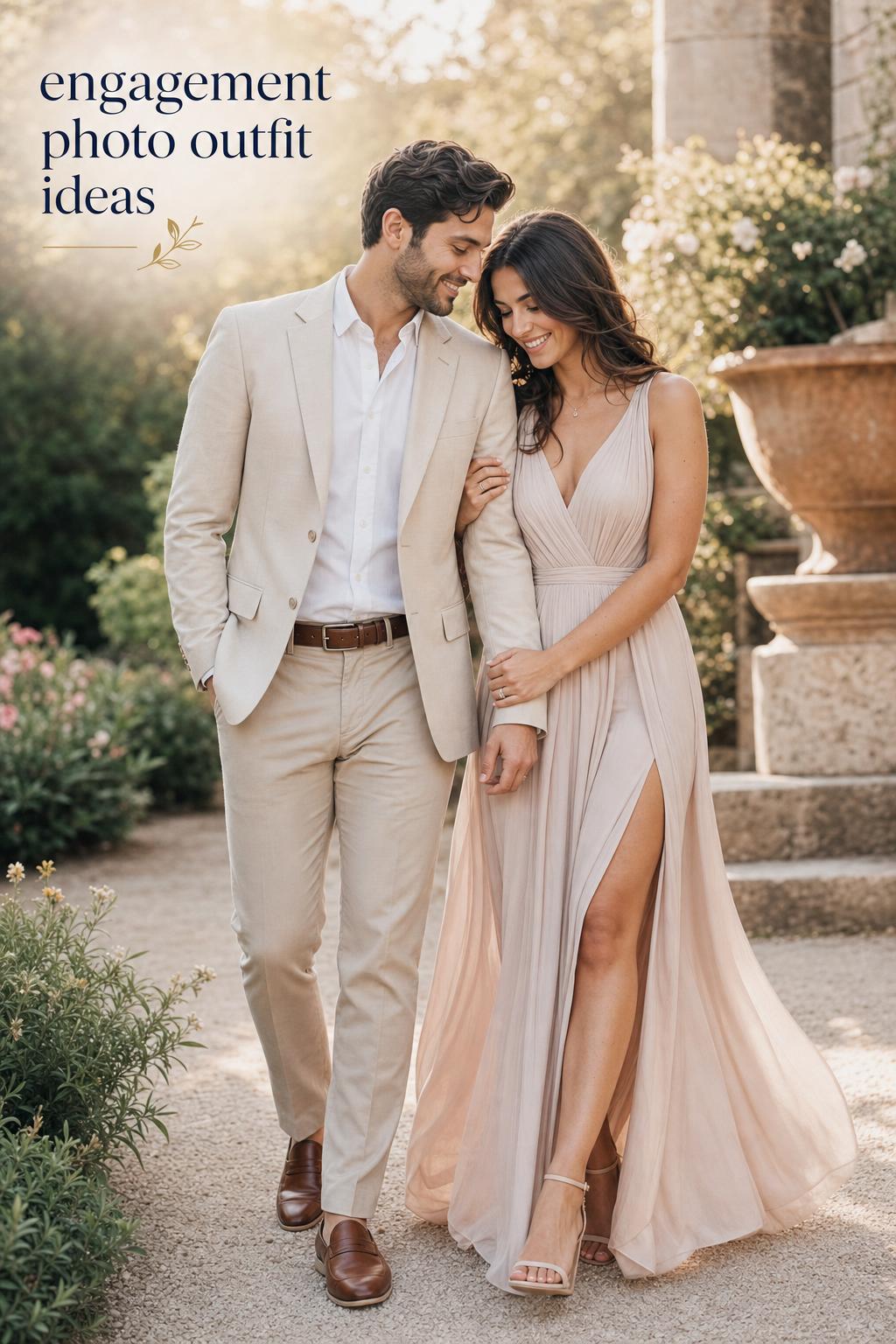 Engagement photo outfit ideas with a stylish couple in pastel dress and light blazer posing in a golden-hour garden