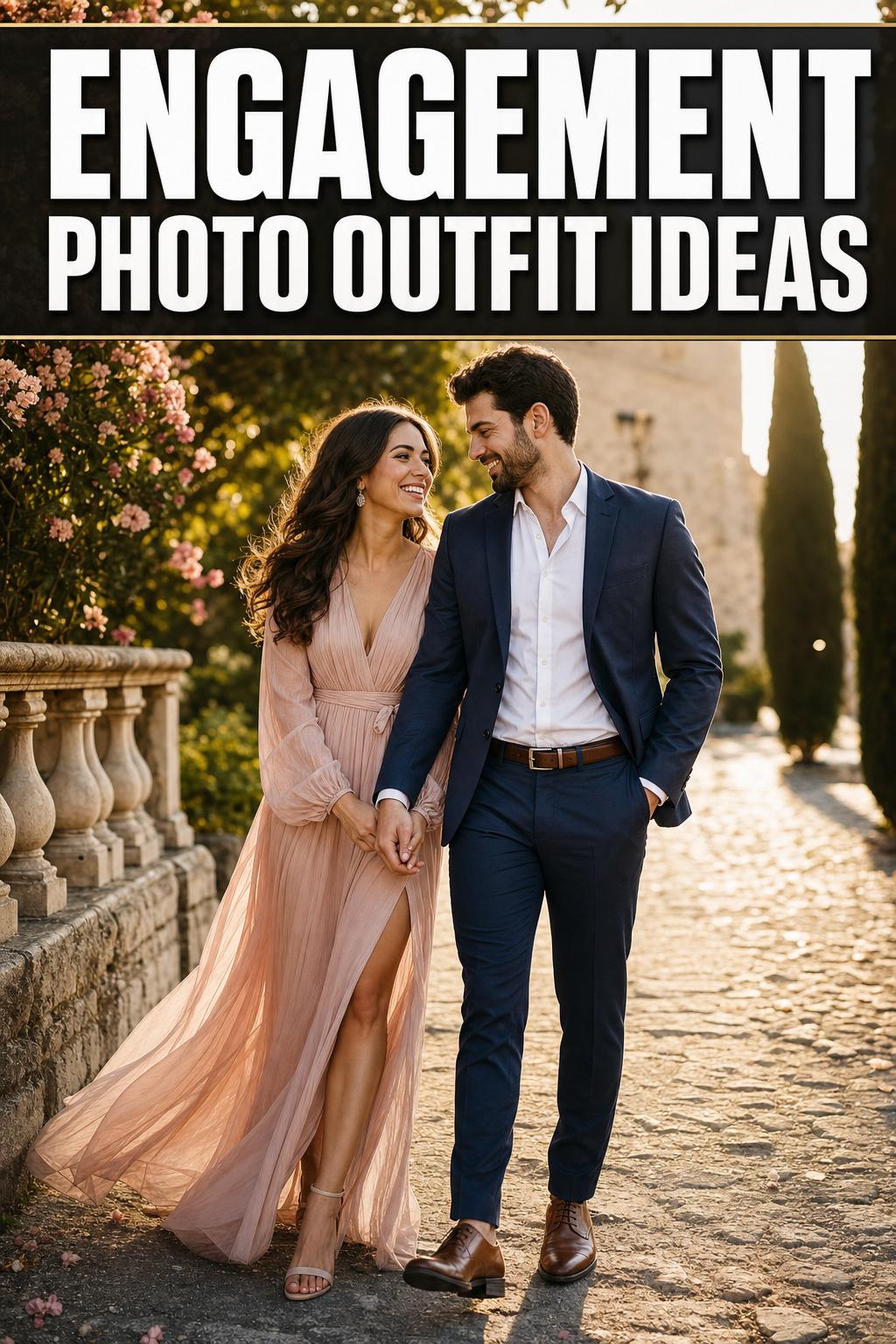 Engagement photo outfit ideas: couple in coordinated neutral outfits posing outdoors at golden hour