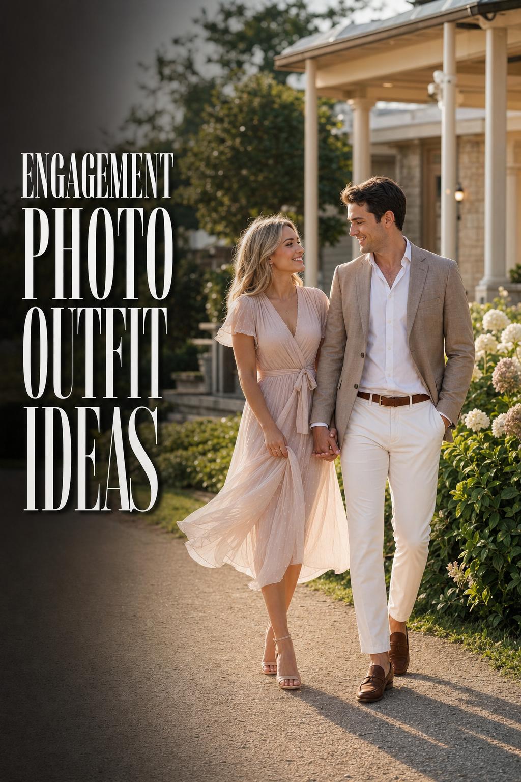 Engaged couple walking at golden hour in a garden, showcasing engagement photo outfit ideas with elegant coordinated looks