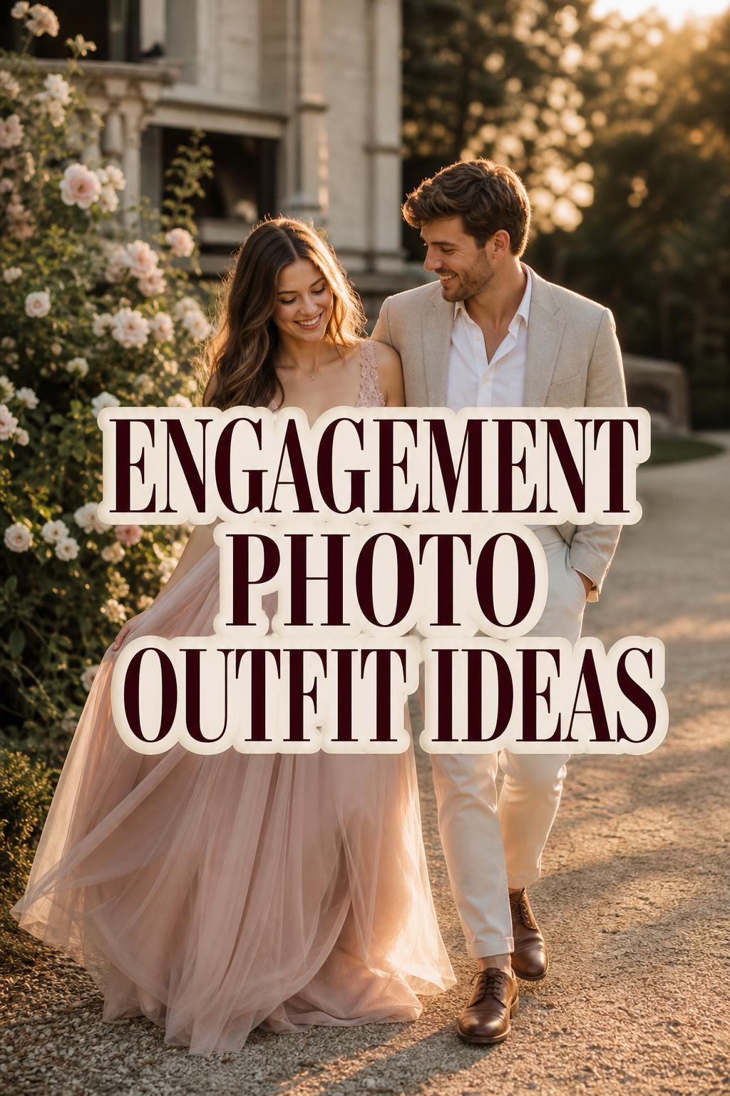 Engaged couple at golden hour in coordinated looks with text overlay, engagement photo outfit ideas