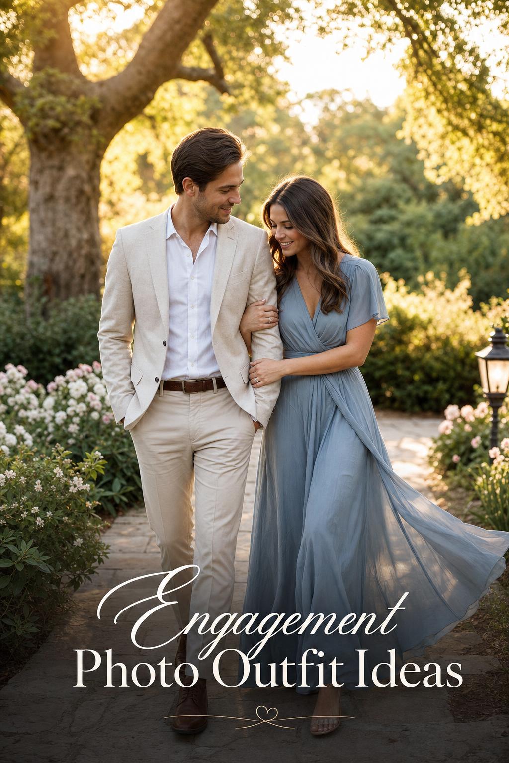 Engaged couple walking on a sunlit garden path at golden hour, showcasing engagement photo outfit ideas in soft romantic tones