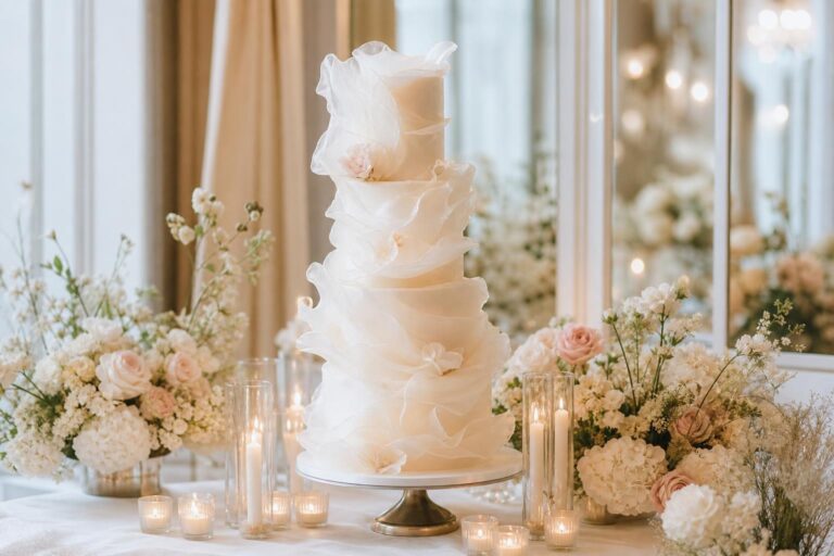 Ethereal wedding cake with soft white tiers, delicate texture, and candlelit romantic table styling