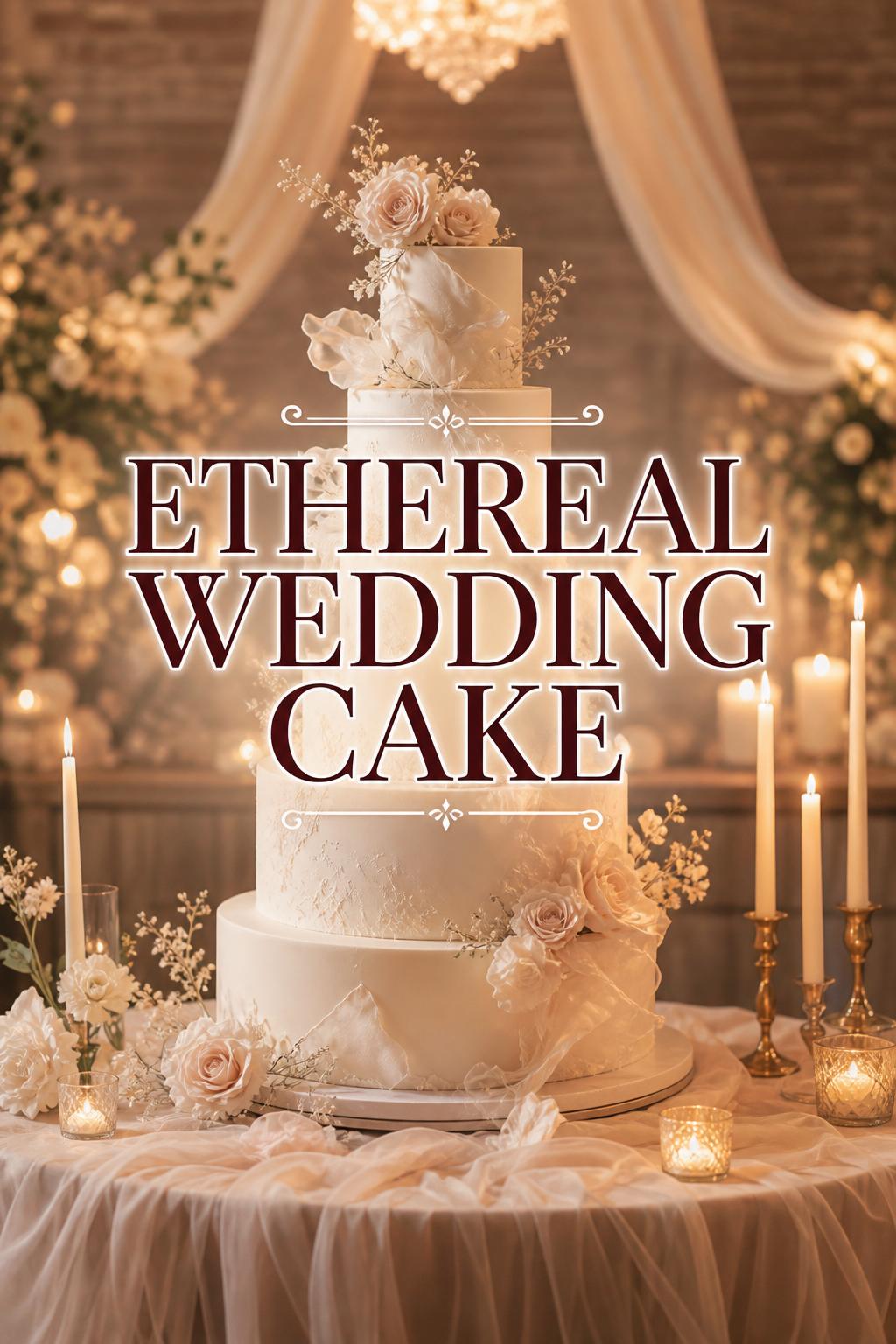 Ethereal wedding cake on a candlelit reception table with blush florals, draped linens, and centered text overlay