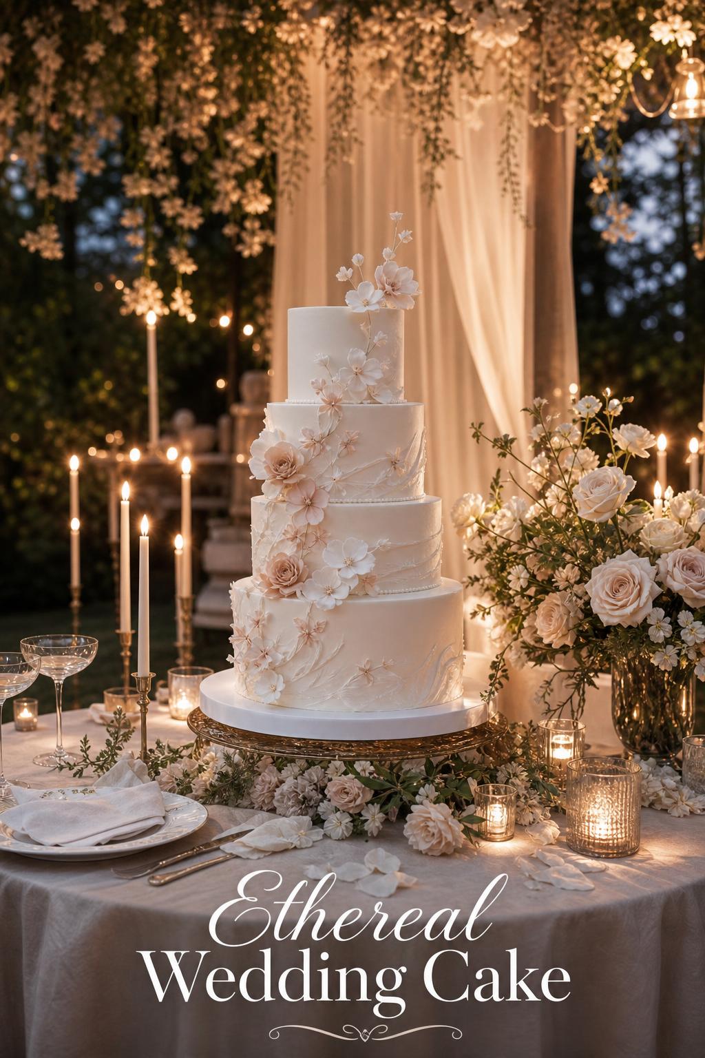 Ethereal wedding cake on a candlelit reception table with airy florals and soft draping in a dreamy twilight setting