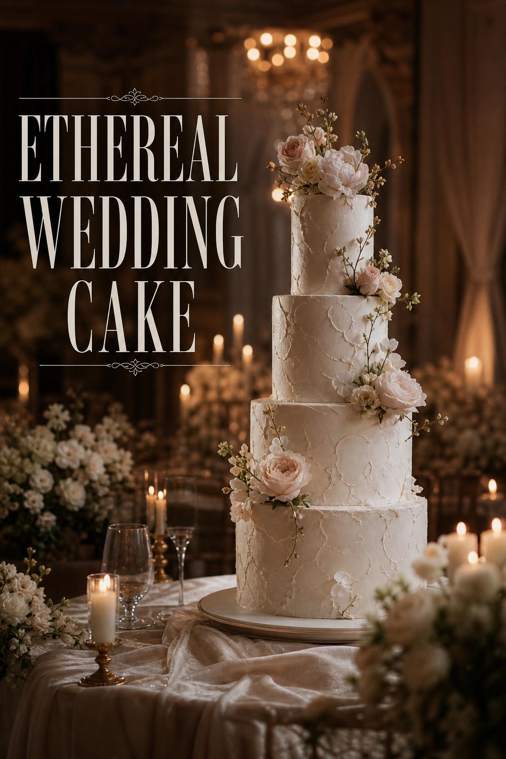 Ethereal wedding cake in candlelit twilight garden reception with ivory linen, floating florals, and elegant taper candles