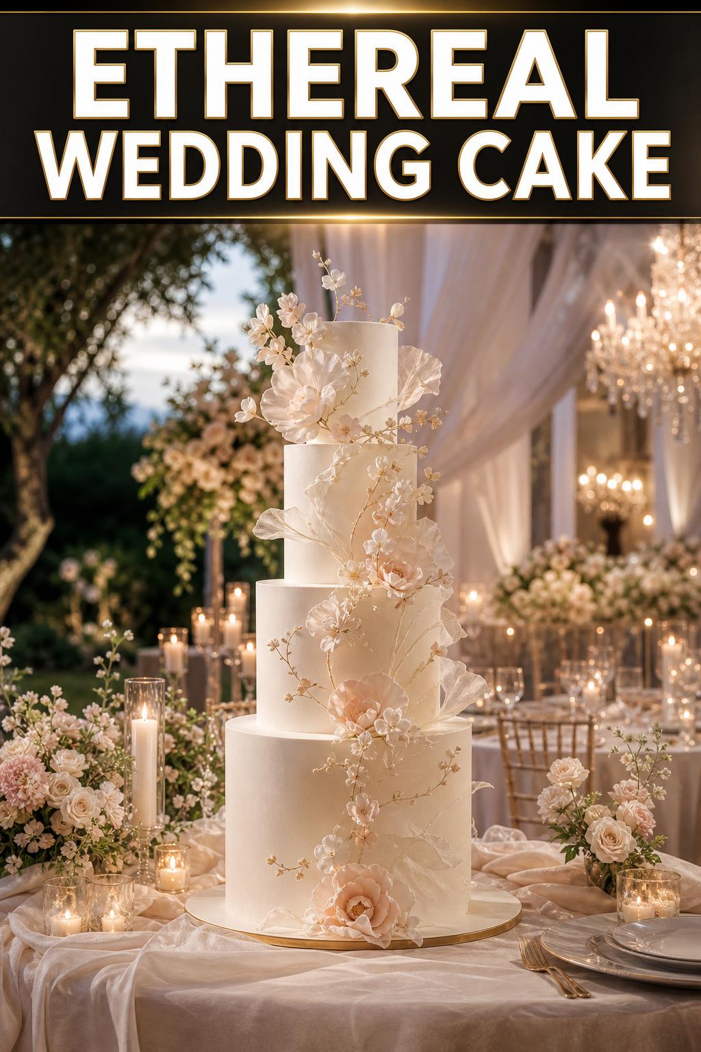 Ethereal wedding cake with delicate floral details and soft pastel tones on an elegant dessert table
