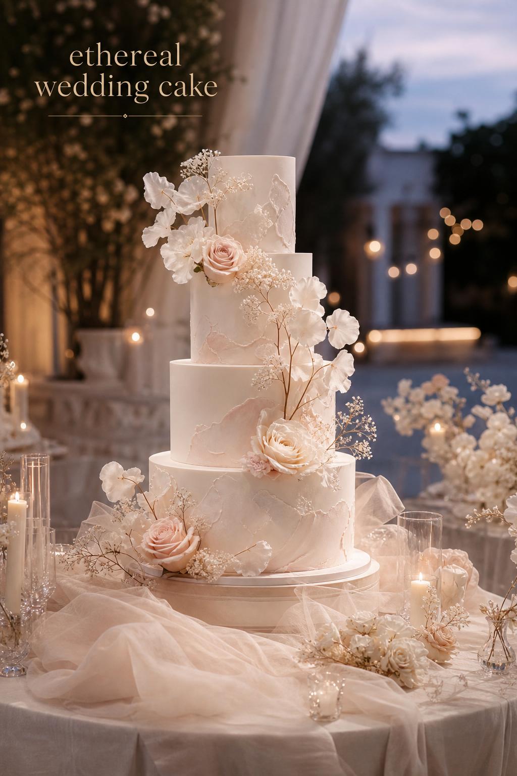 Ethereal wedding cake in ivory and blush on a candlelit reception table with floating florals and soft linen draping