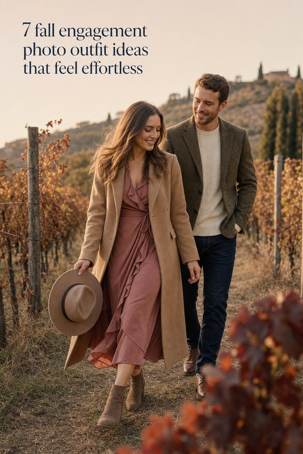 Fall engagement photo outfit ideas: couple walking at golden hour in an autumn vineyard, dusty rose dress and camel coat.